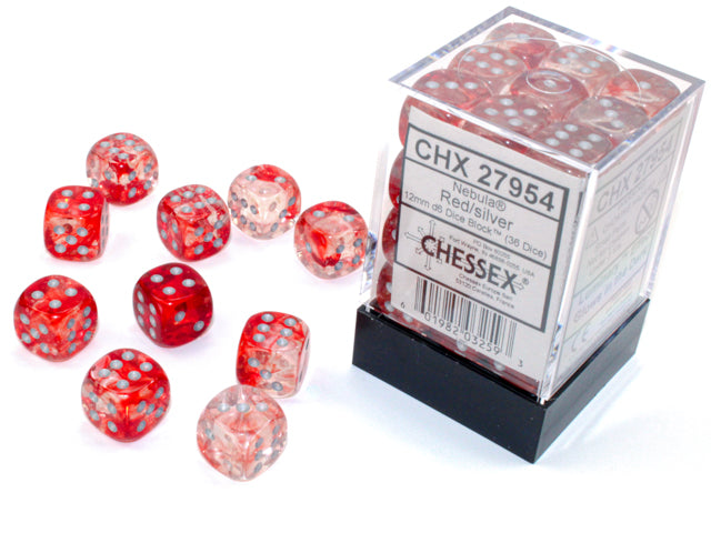 Chessex Nebula Red/Silver Luminary 12mm D6 Dice Block (36ct)