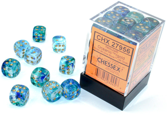 Chessex Nebula Oceanic/gold Luminary 12mm d6 Dice Block (36 dice)