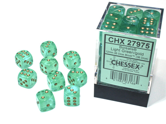 Chessex Borealis Light Green/gold Luminary 12mm d6 Dice Block (36 dice)