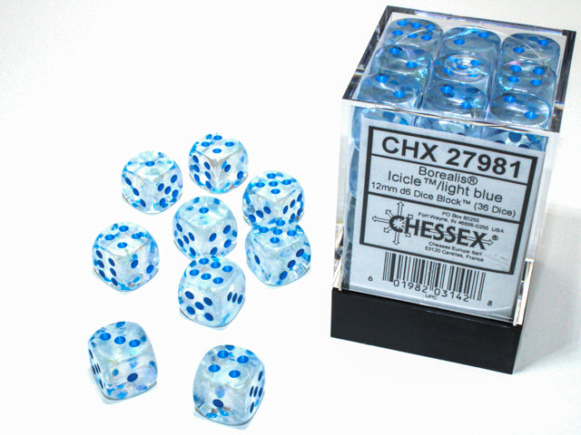 Chessex Borealis Icicle/light blue Luminary 12mm d6 Dice Block (36 dice)