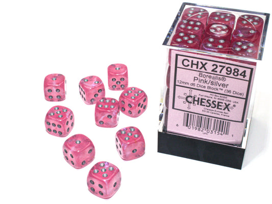 Chessex  Borealis Pink/silver Luminary 12mm d6 Dice Block (36 dice)