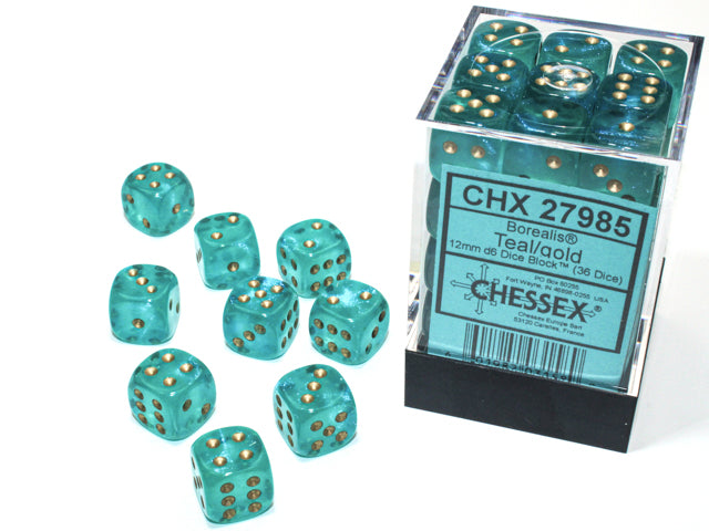 Chessex Borealis Teal/Gold Luminary 12mm D6 Dice Block (36ct)