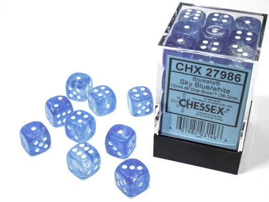 Chessex Borealis Sky Blue/white Luminary 12mm d6 Dice Block (36 dice)
