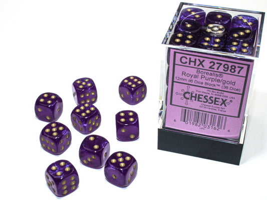Chessex Borealis Royal Purple/gold Luminary 12mm d6 Dice Block (36 dice)