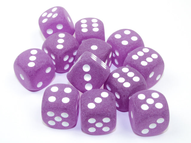 Chessex Frosted Purple/White 16mm D6 Dice (12ct)