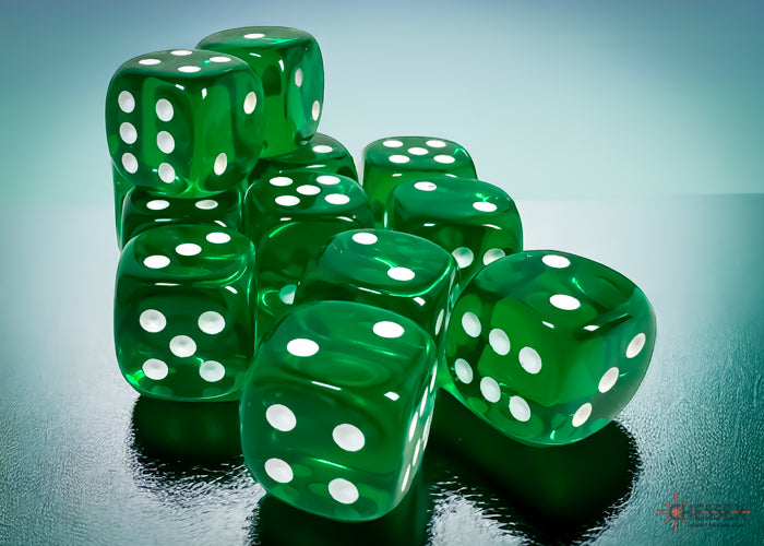 Chessex Translucent Green/White 16mm D6 Dice (12ct)