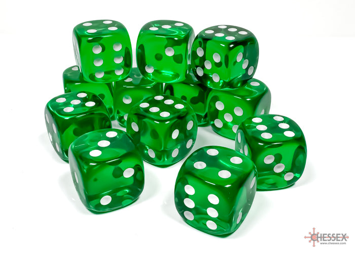 Chessex Translucent Green/White 16mm D6 Dice (12ct)