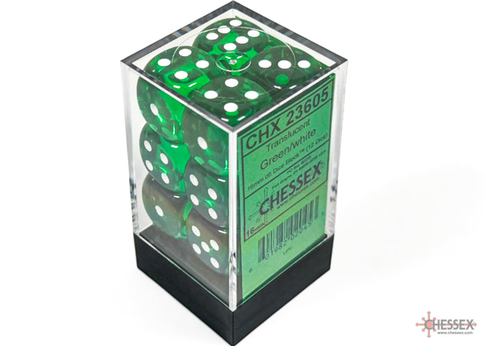 Chessex Translucent Green/White 16mm D6 Dice (12ct)