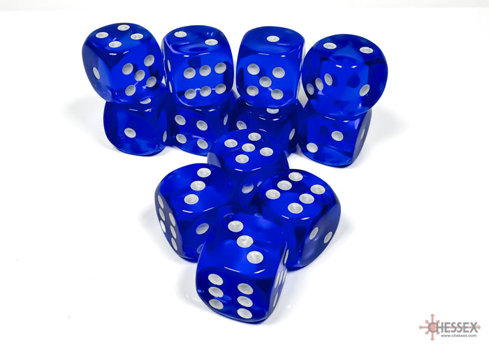 Chessex Translucent Blue/White 16mm D6 Dice (12ct)