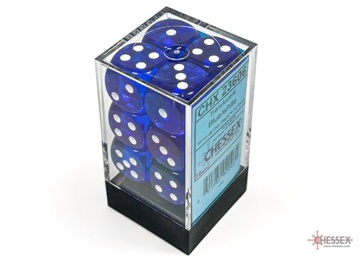 Chessex Translucent Blue/White 16mm D6 Dice (12ct)