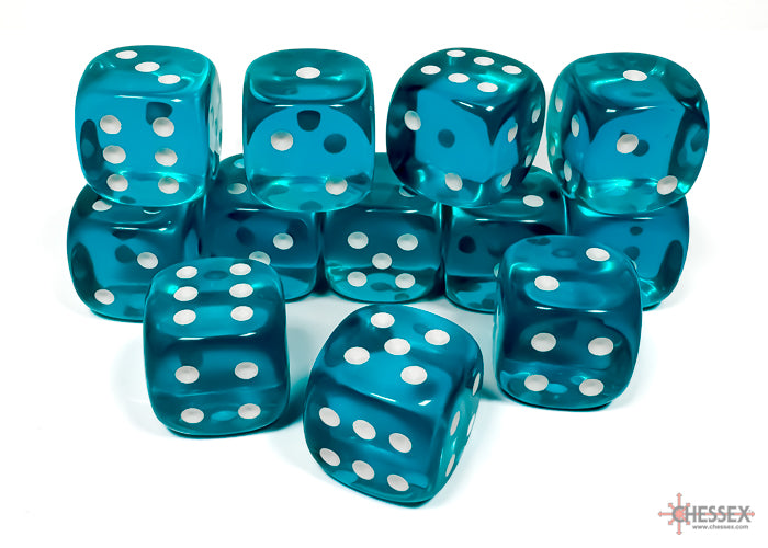 Chessex Translucent Teal/White 16mm D6 Dice (12ct)