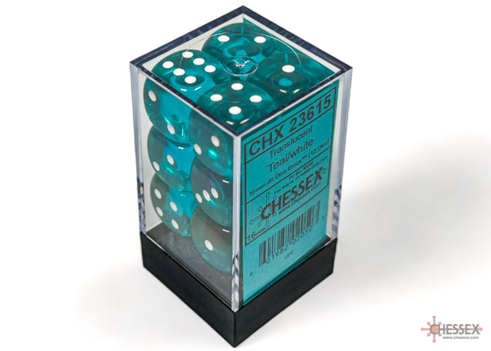 Chessex Translucent Teal/White 16mm D6 Dice (12ct)