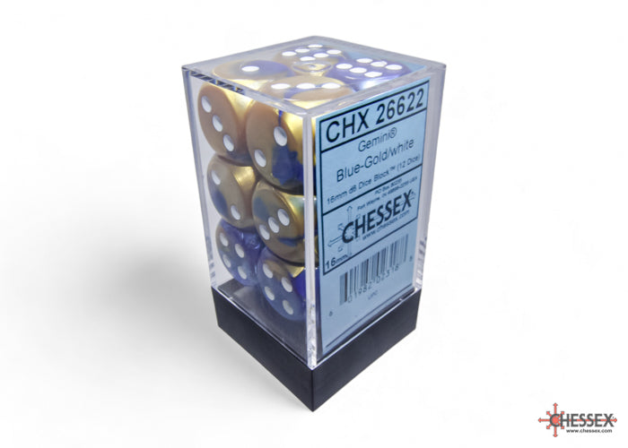 Chessex Gemini Blue-Gold/White 16mm D6 Dice (12ct)