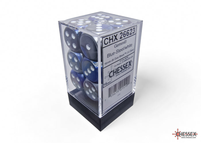 Chessex Gemini Blue-Steel/White 16mm D6 Dice (12ct)