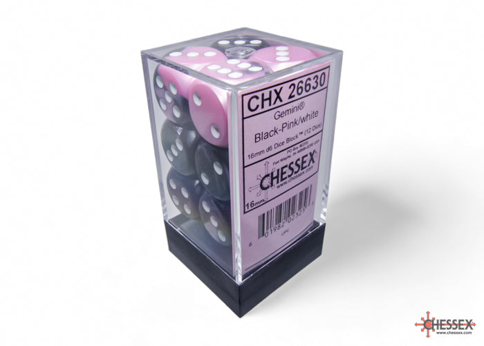 Chessex Gemini Black-Pink/White 16mm D6 Dice (12ct)
