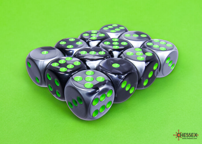 Chessex Gemini Black-Grey/Green 16mm D6 Dice (12ct)