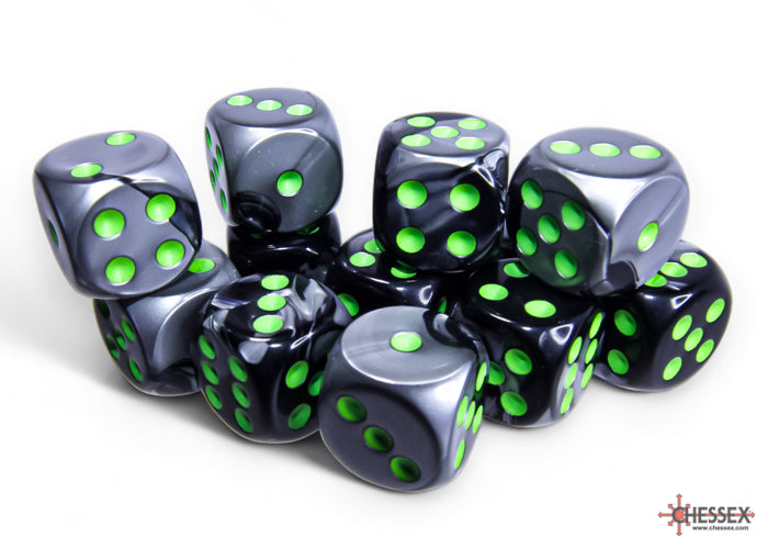 Chessex Gemini Black-Grey/Green 16mm D6 Dice (12ct)