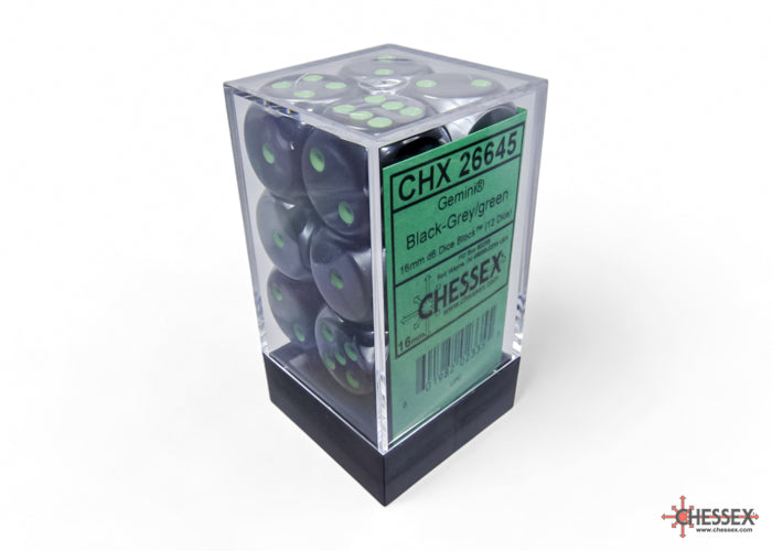Chessex Gemini Black-Grey/Green 16mm D6 Dice (12ct)