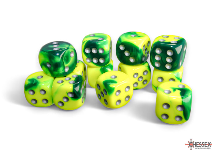 Chessex Gemeni Green-Yellow/Silver 16mm D6 Dice (12ct)