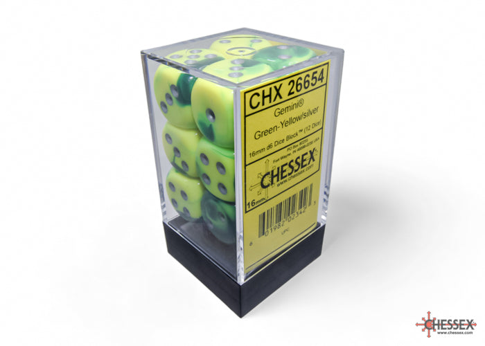 Chessex Gemeni Green-Yellow/Silver 16mm D6 Dice (12ct)