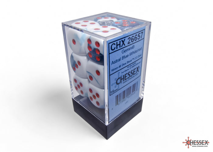 Chessex Gemini Astral Blue-White/Red 16mm D6 Dice (12ct)