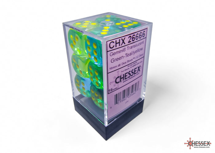 Chessex Gemini Translucent Green-Teal/Yellow 16mm D6 Dice (12ct)