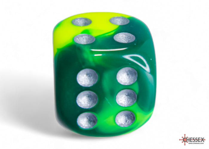 Chessex Gemeni Green-Yellow/Silver 16mm D6 Dice (12ct)