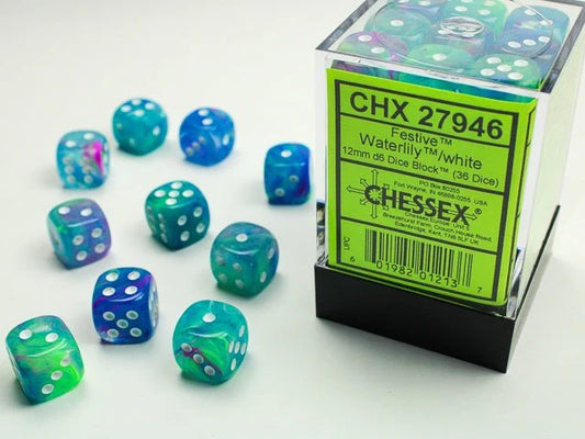 Chessex Festive Waterlily/white 12mm d6 Dice Block (36 dice)
