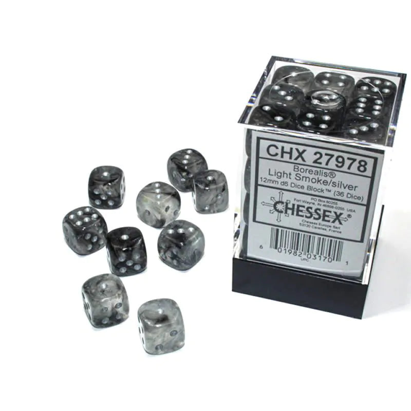 Chessex Borealis Luminary Light Smoke/Silver 12mm d6 (36 Dice)