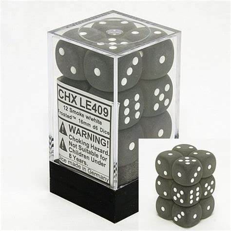 Chessex Frosted Smoke/White 16mm D6 Dice (12ct)